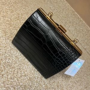 Black / Gold accents- Vegan mini handbag. With cross body chain